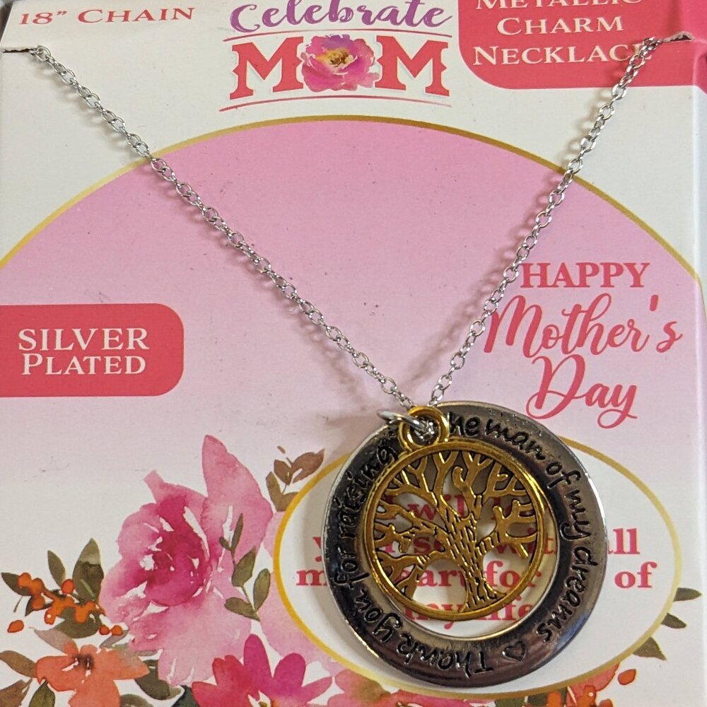 Vintage Silver Plated Mothers Day Family Tree Metallic‎ Charm Necklace